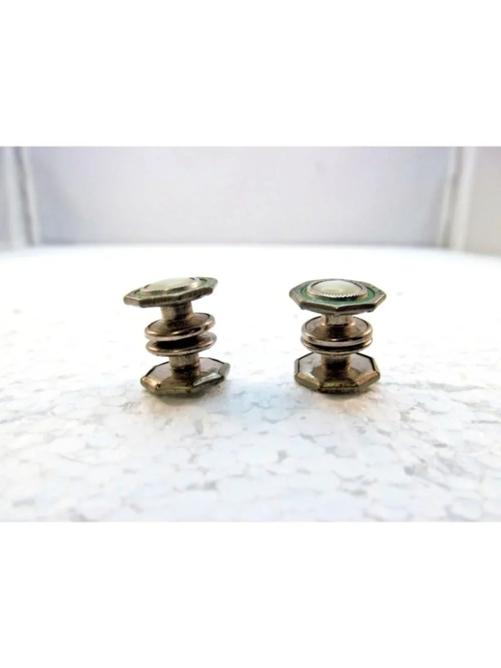 Vintage Octagonal Silver Tone Mother of Pearl Snap Link Cufflinks Double Sided